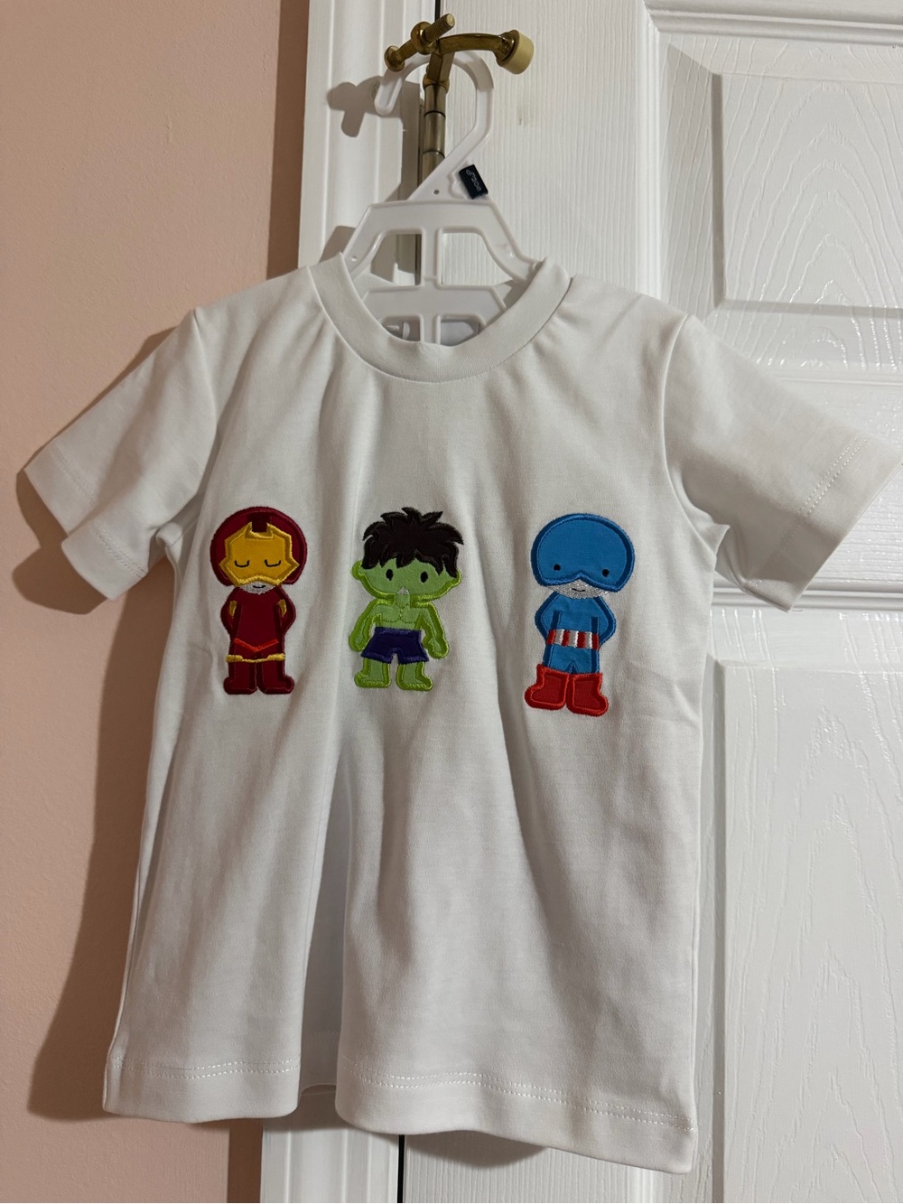 White Kids Short-Sleeve T-Shirt with Superhero Character Appliqués